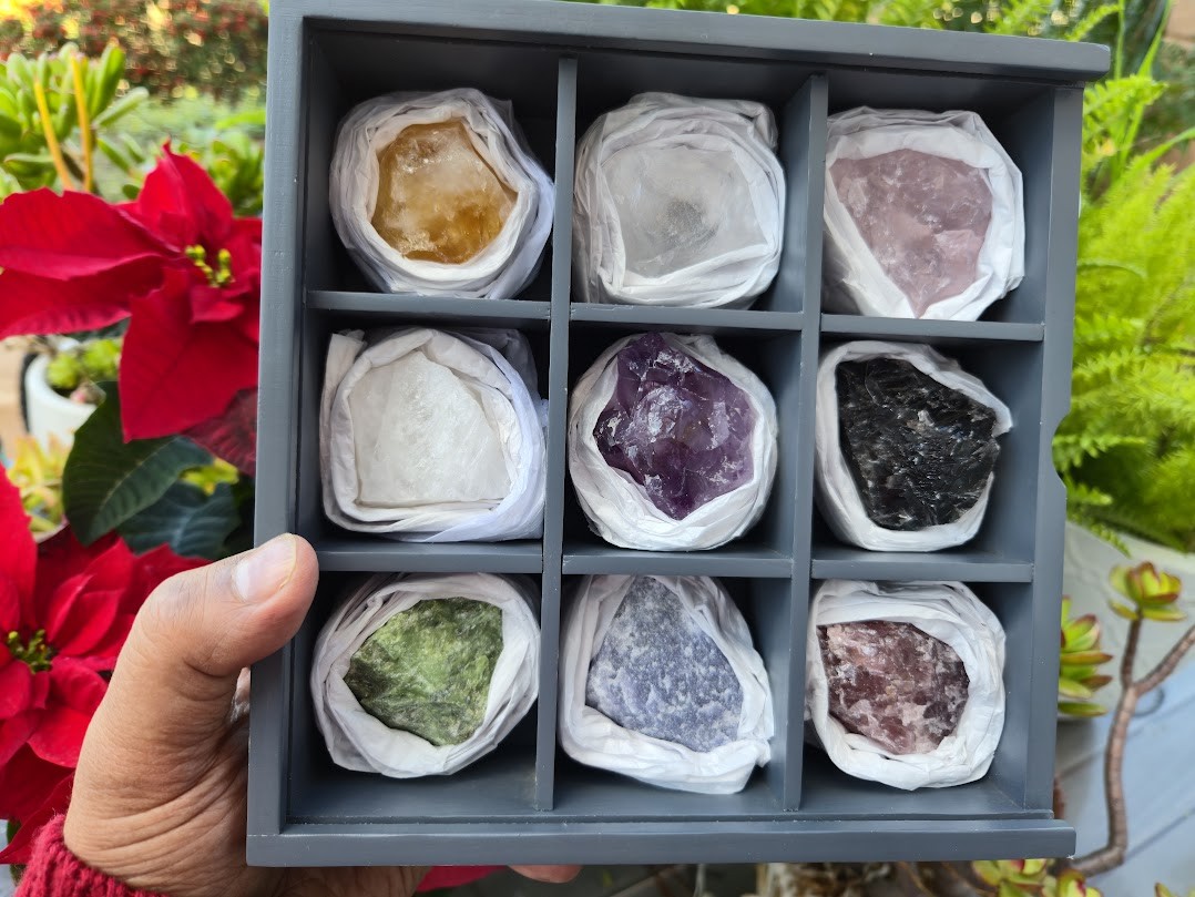 Set of Nine Crystals and Healing Stones Decorative Display Showcase