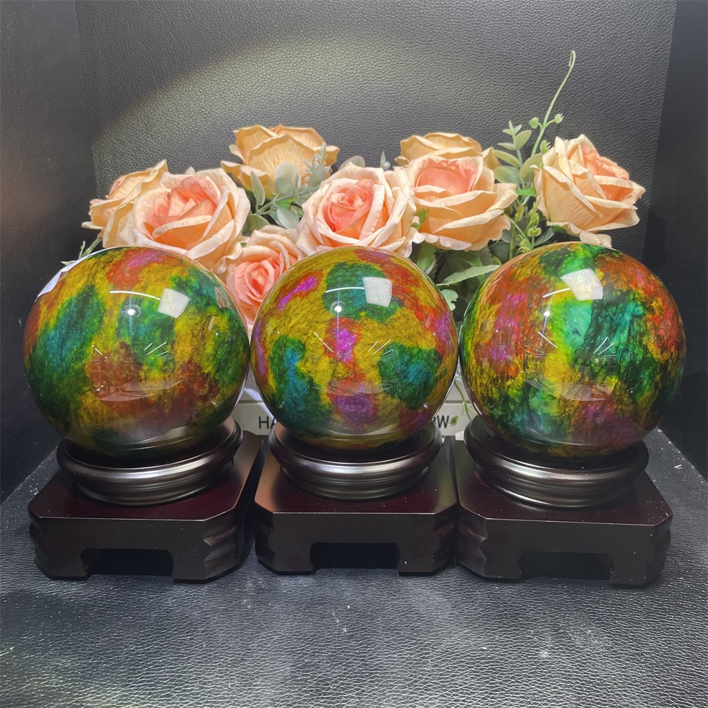 Random 1pc 3.8LB 3.8″Seven Color Stone Sphere Crystal Reiki Quartz Ball+Stand