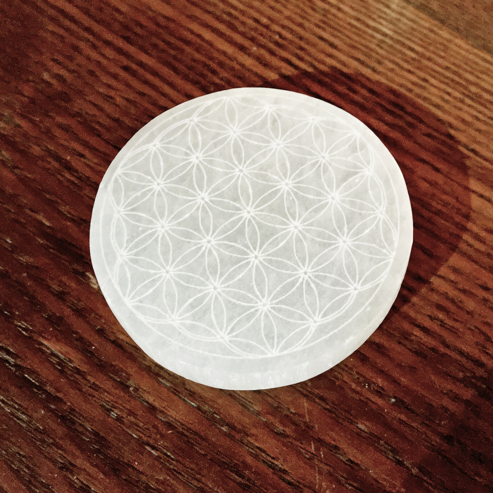 Selenite Crystal Charging Plate 3 ” Sacred Geometry Engraved Circle Disc Reiki