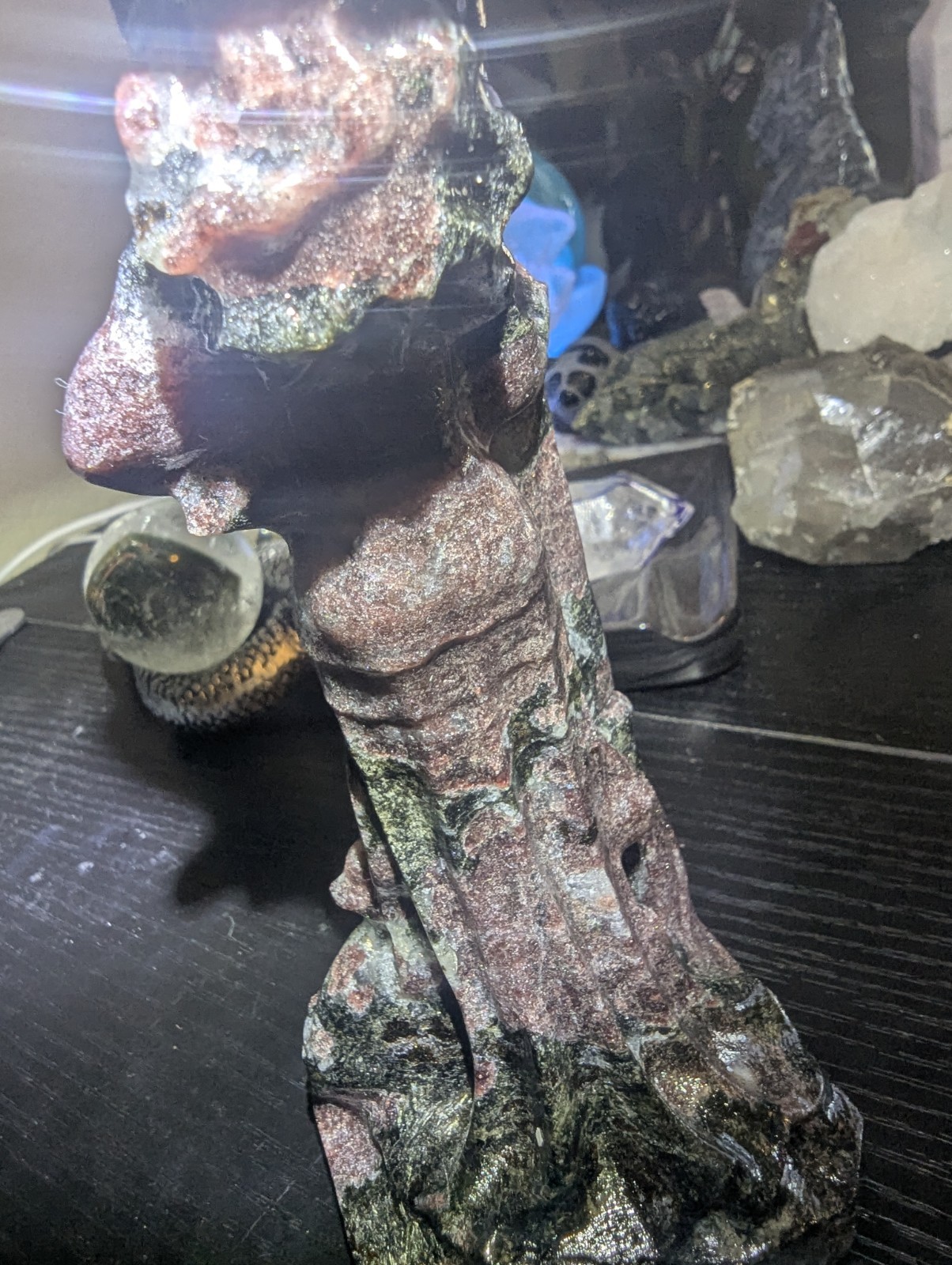 Natural Garnet Witch Carving with Cat | Hand-Carved Crystal Figurine | 6.5″ Tall