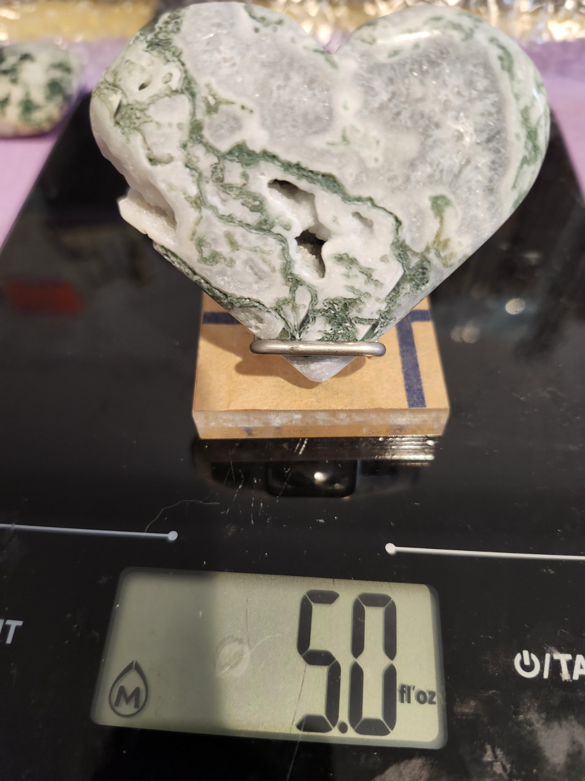 8pc Moss Agate 4 Hearts With 1 Stand,tower, 1 Wand With Golden Color Holder