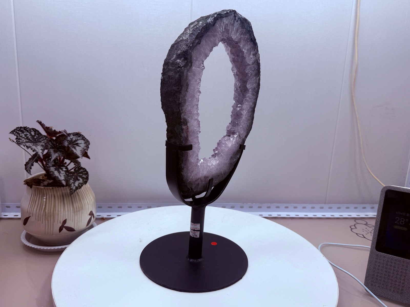 Amethyst Geode Ring Slice Ornament with Metal Stand Home Tabletop Decor Gift