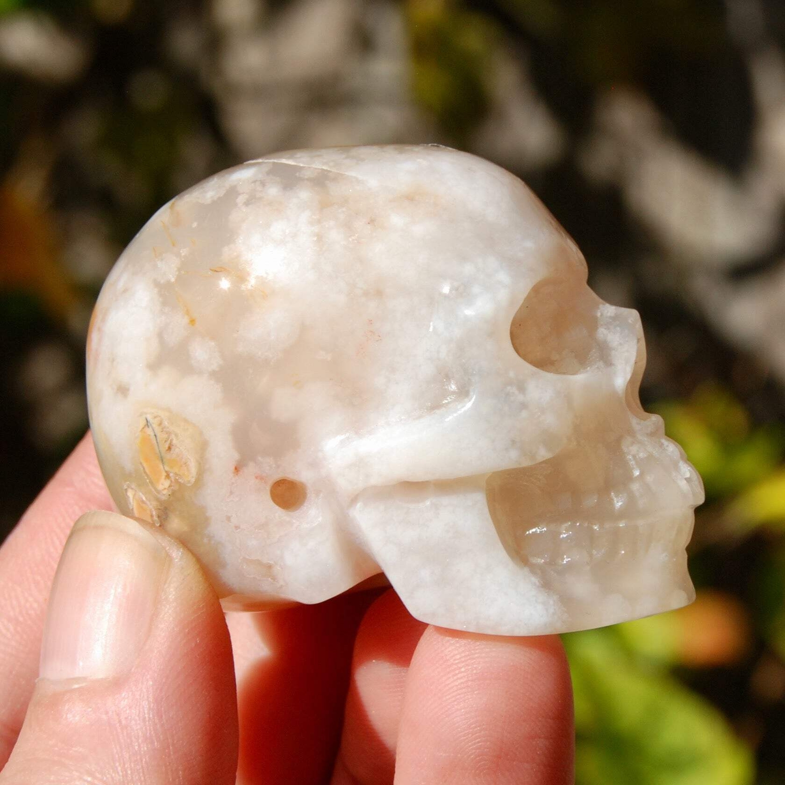 2in Sakura Flower Agate Carved Crystal Skull, Realistic Gemstone Carving