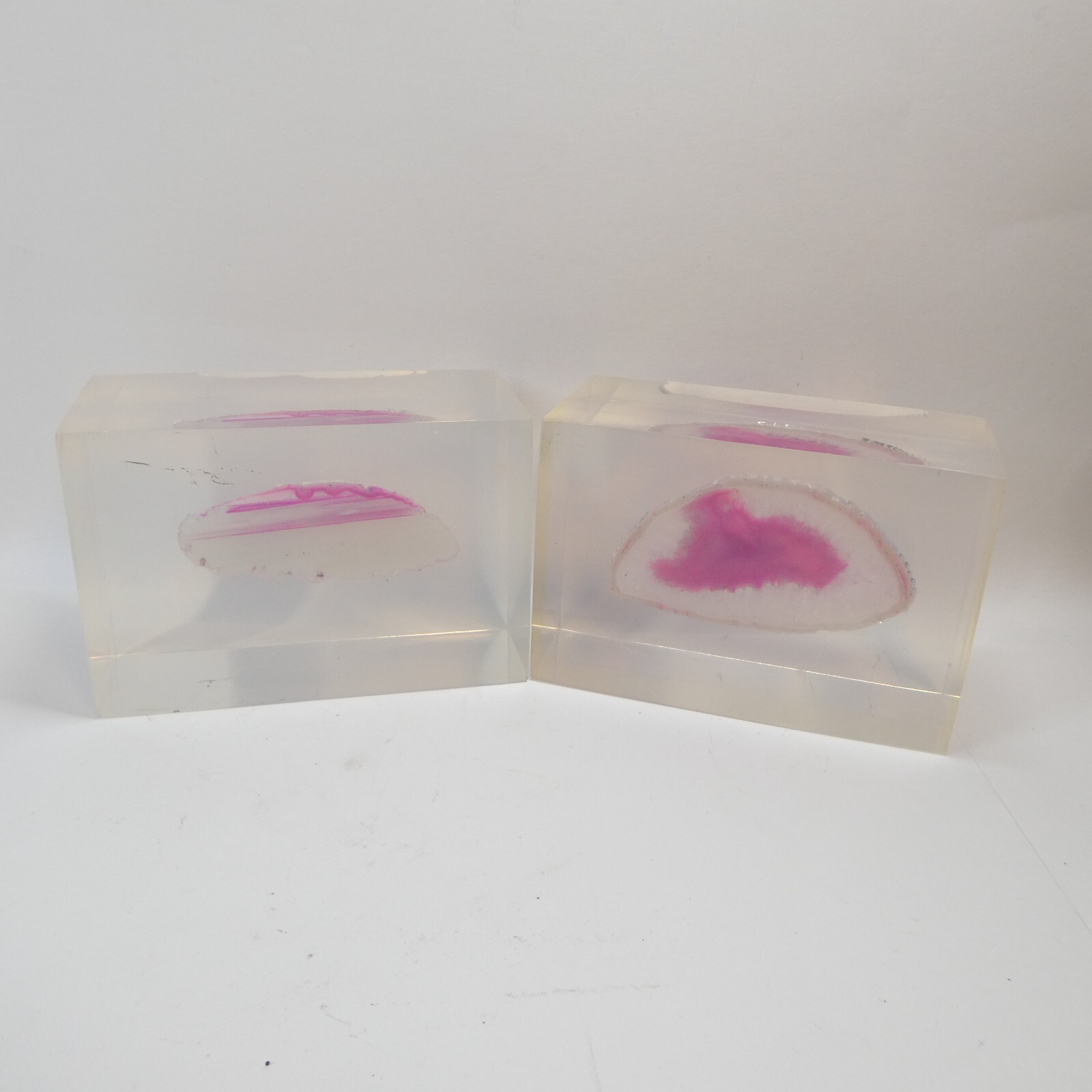 Bookends Pair Vintage Pink Agate Geode Slice in Clear Lucite Acrylic Block