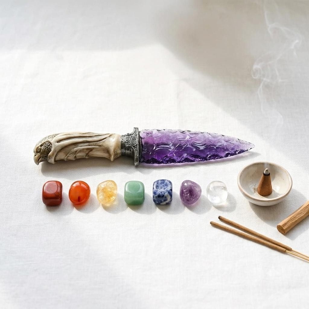 10″ Amethyst Glass Crystal Knife Handcrafted Ritual Athame Ornate Eagle Handle