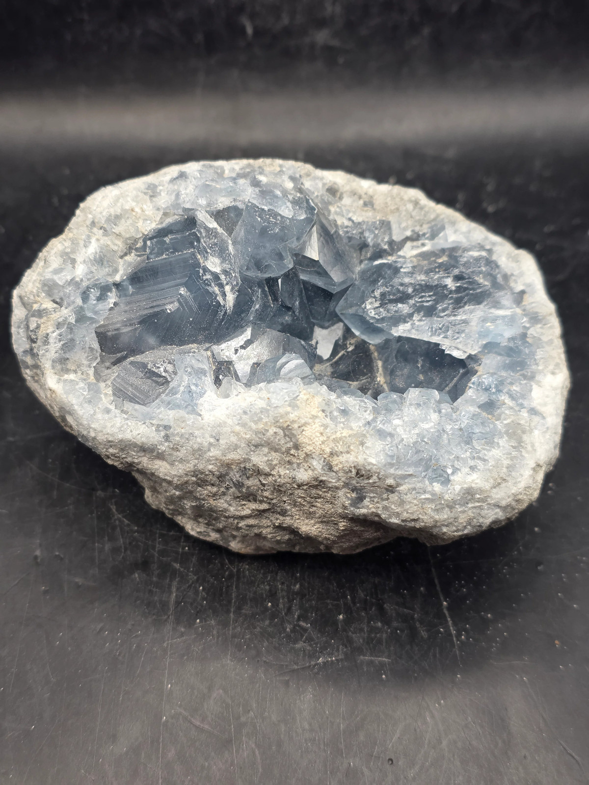 Blue calcite geode! 1.8 pounds, 3.7 inches long, 2.5 inches wide