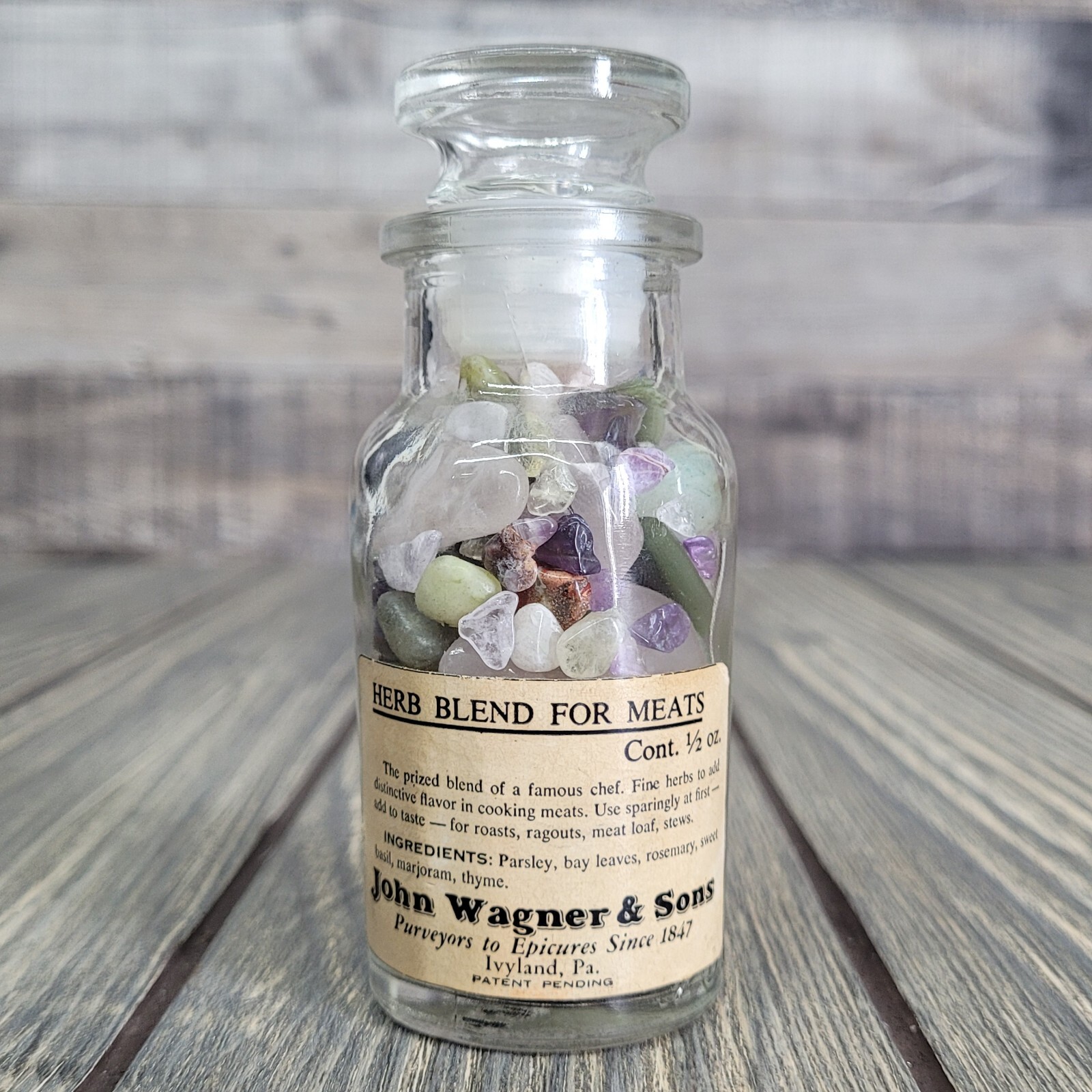1/4lb Crystals in Vintage Wagner Glass Apothecary Spice Jar Witchy Decor Tumbles
