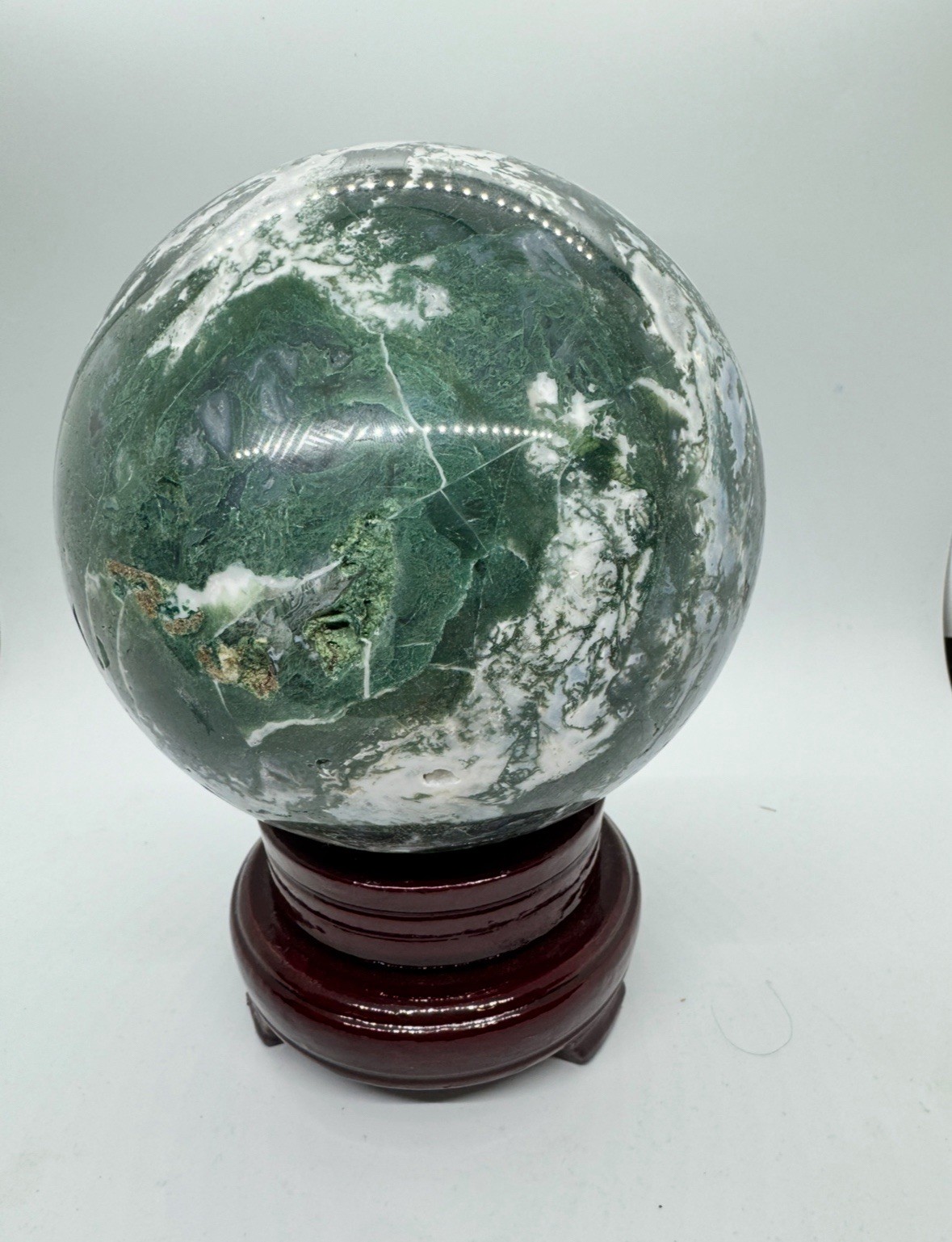 11 pound Polished Moss Agate Green White Crystal Sphere with Wooden Stand