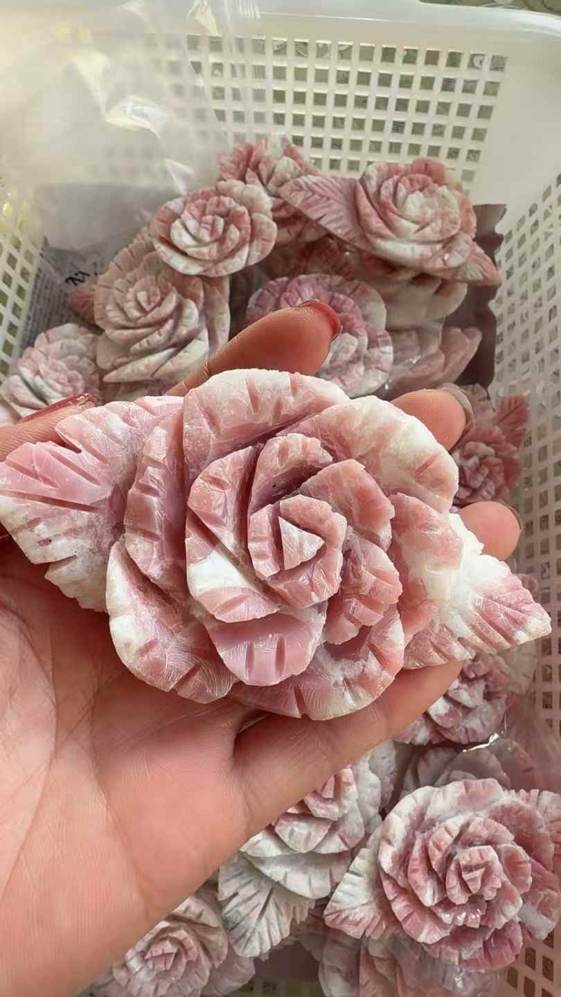 1pc Natural Pink opal Quartz hand-Carved flower skull Crystal Reiki healing gift