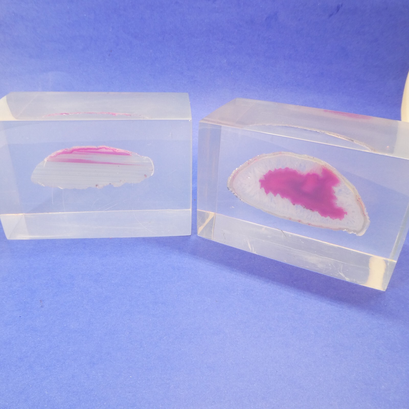 Bookends Pair Vintage Pink Agate Geode Slice in Clear Lucite Acrylic Block