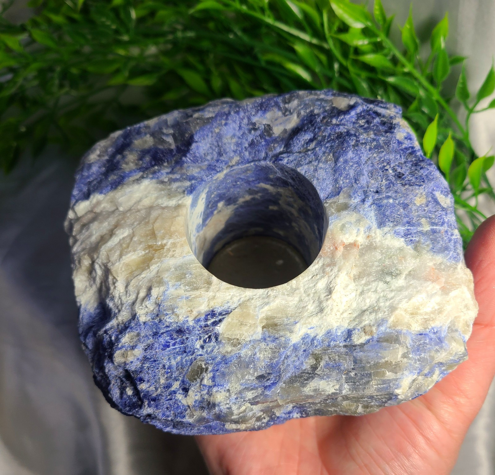 Large Raw 2lb UV Reactive Sodalite Stone Candle or Sphere Holder Tea Light Stand