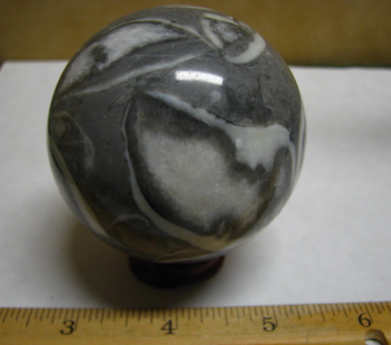.83lb 2.5inch 1000 EYE JASPER FOSSIL SPHERE W/QUARTZ WOOD STAND MADAGASCAR #087