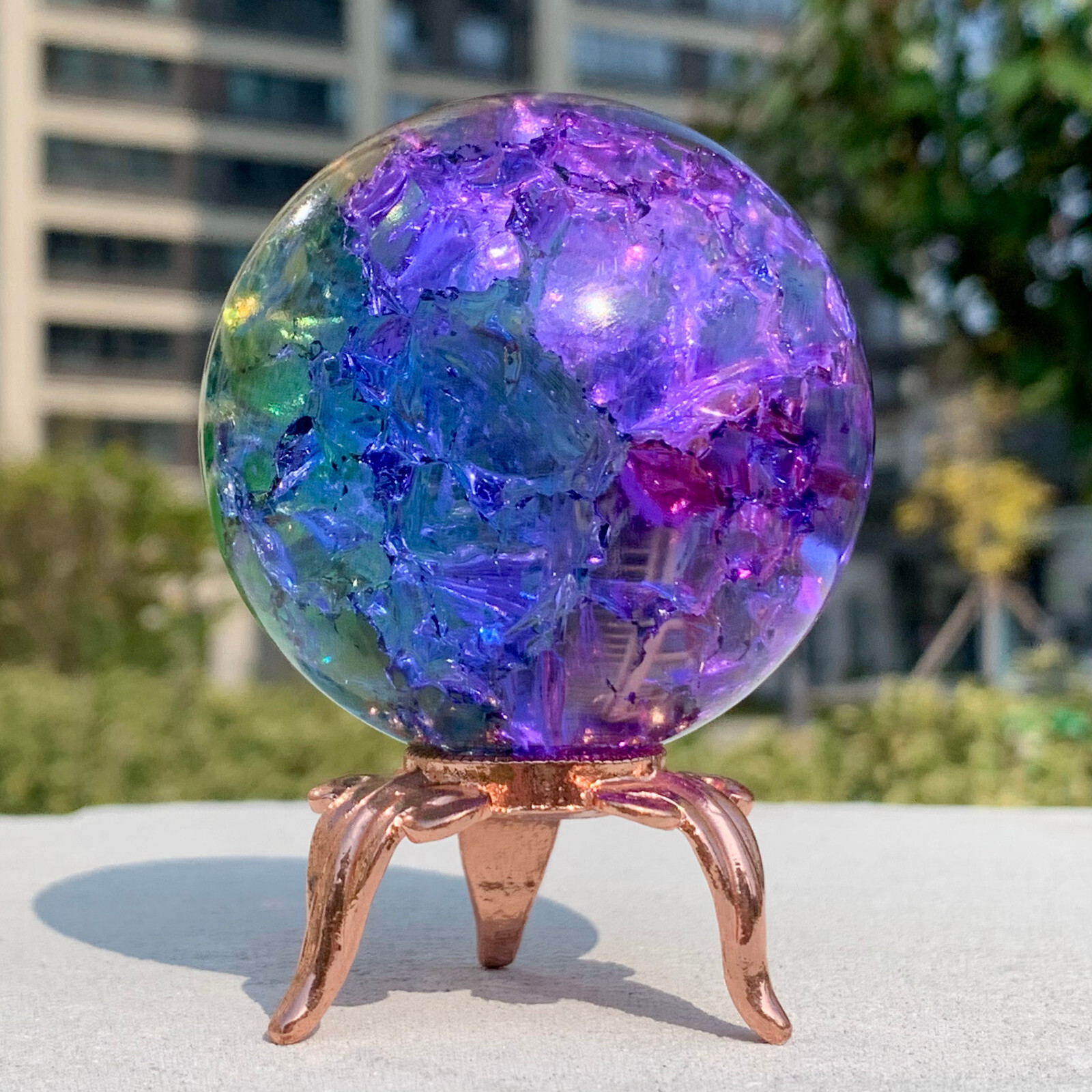 279G Natural Titanium Rainbow Quartz sphere Crystal ball Healing+stand