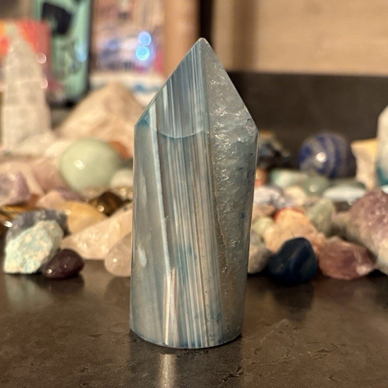 Polished Generator Crystal Point with Blue and Gray Striations
