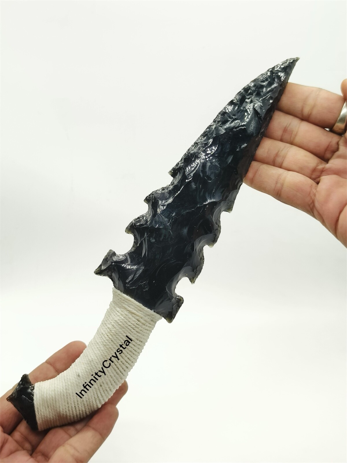 10”Large Black Obsidian Dagger,Handcrafted Knife with White Thread,Viking Athame