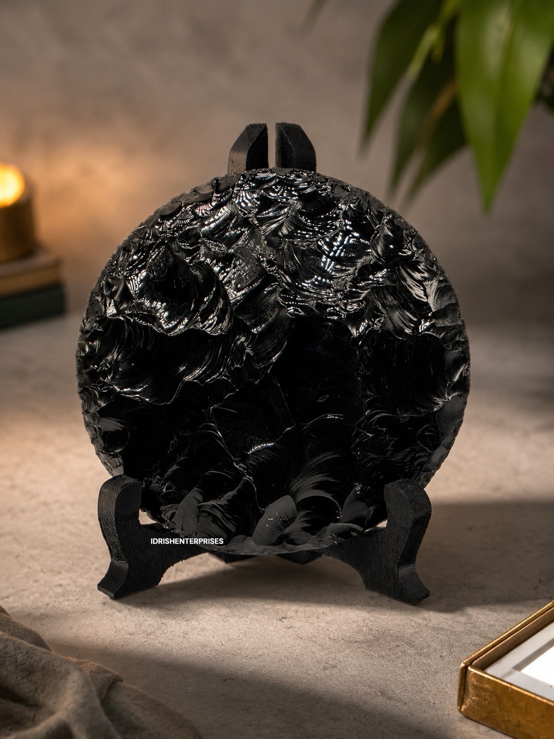 Handcrafted Black Obsidian Disk Round Crystal Display Decor 100mm 125mm 150mm.