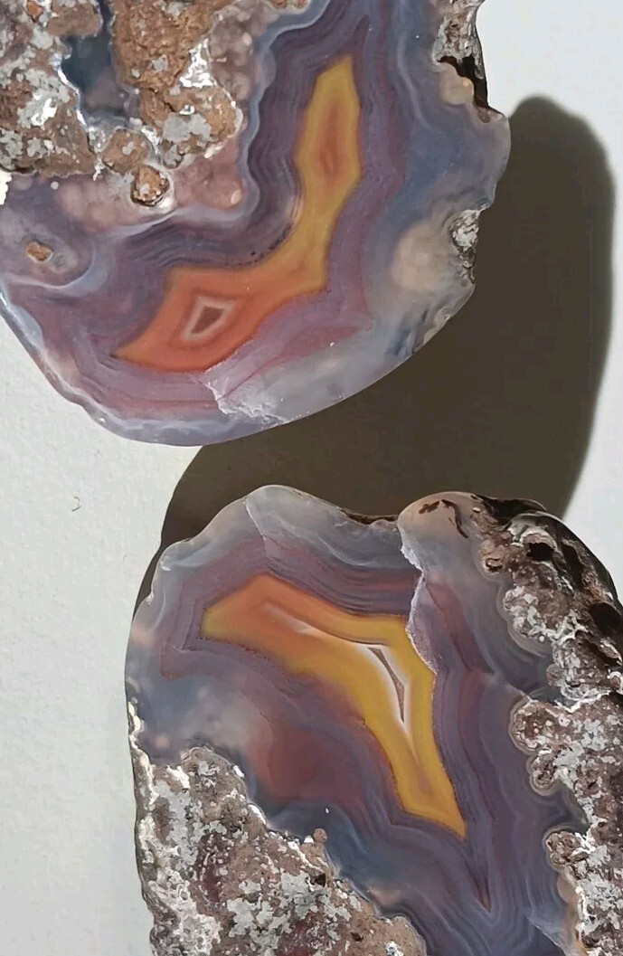 2 Matching Condor Agate Nodule Halves Glass Polish Blue/Grey Red Yellow Bands A+