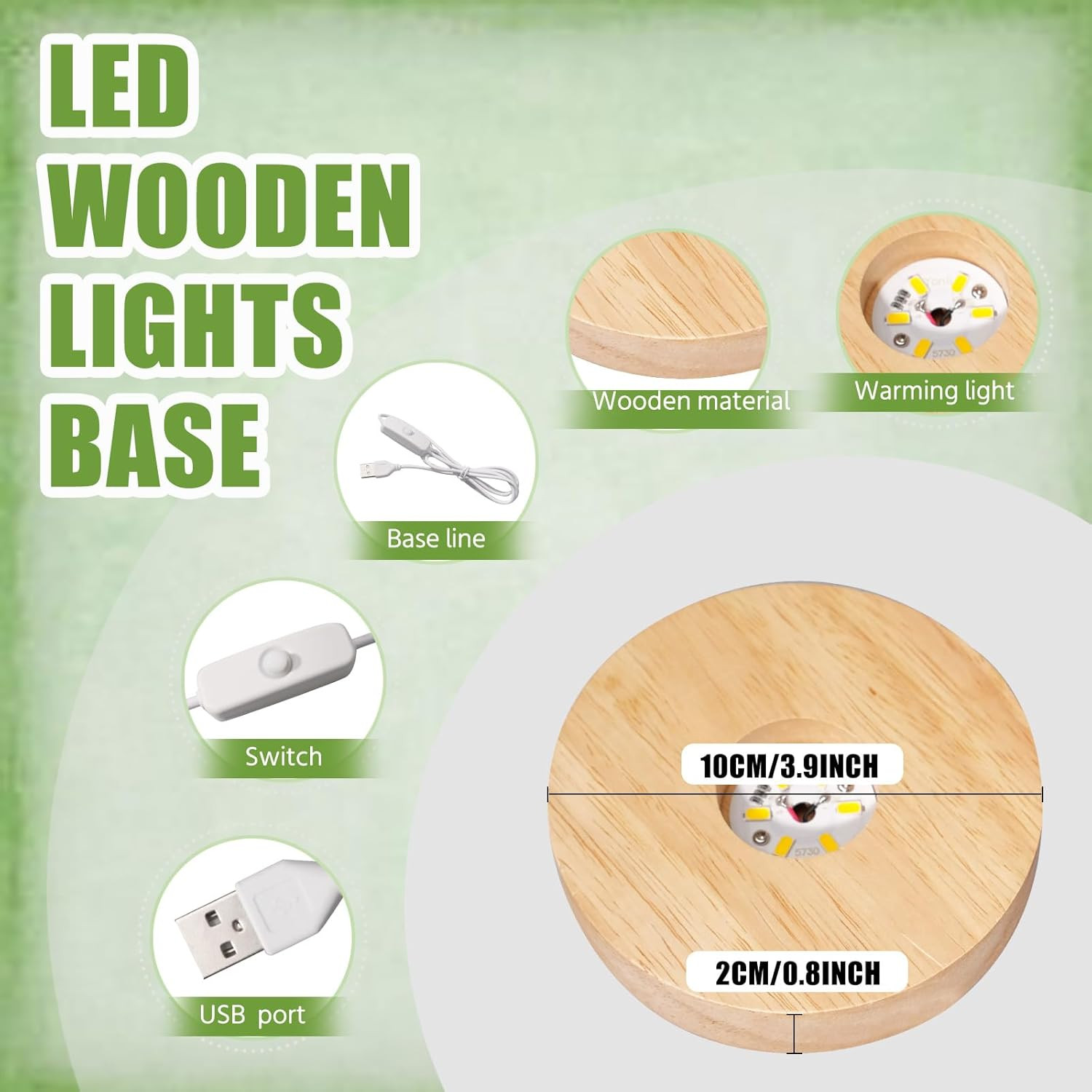 10 Pcs Wooden LED Display Bases Round Wood Display Lighted Bases for Glass Art L