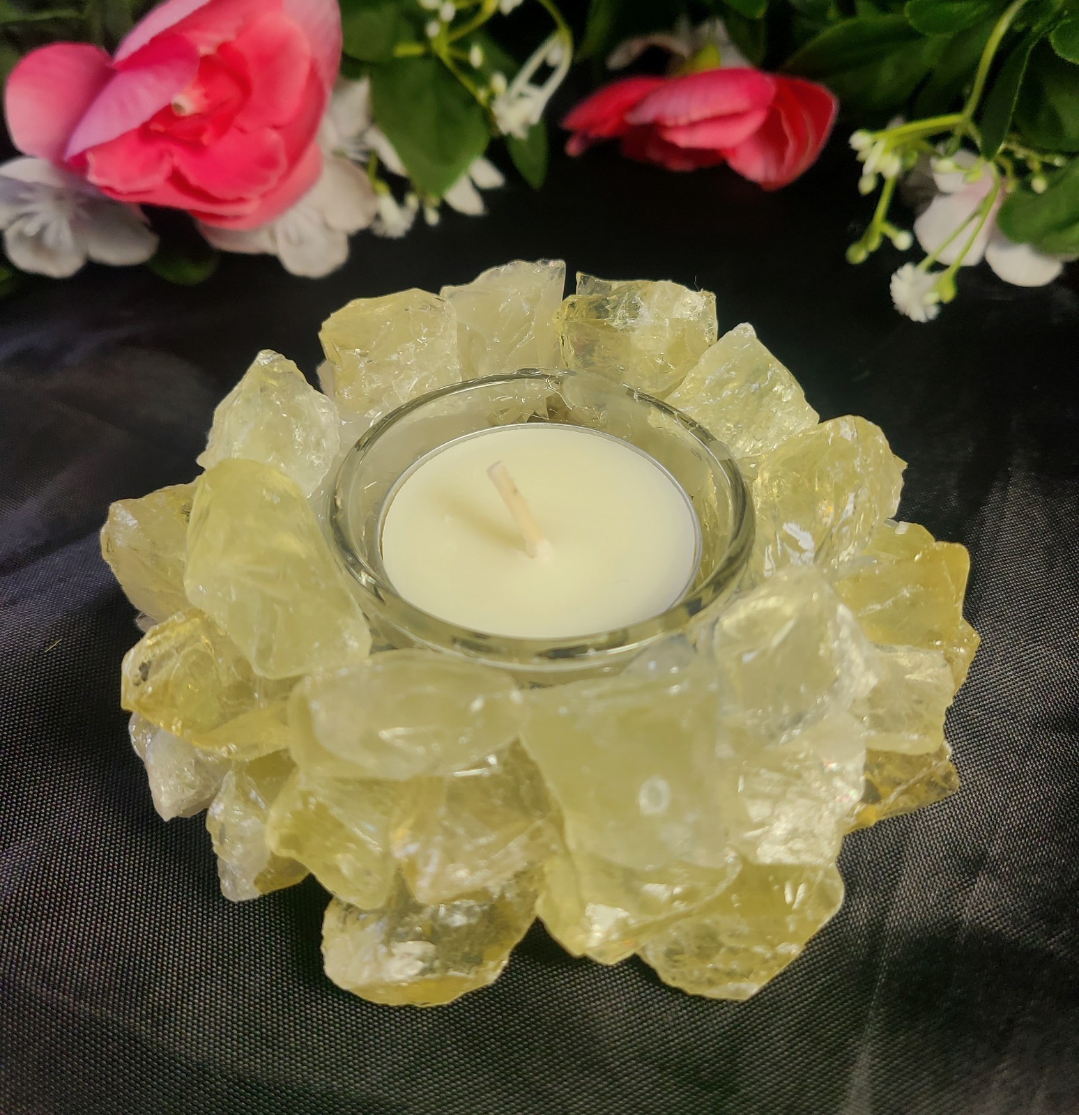 Large 4″ Pretty Citrine Quartz Tea Light or Sphere Stand Crystal Ball Holder