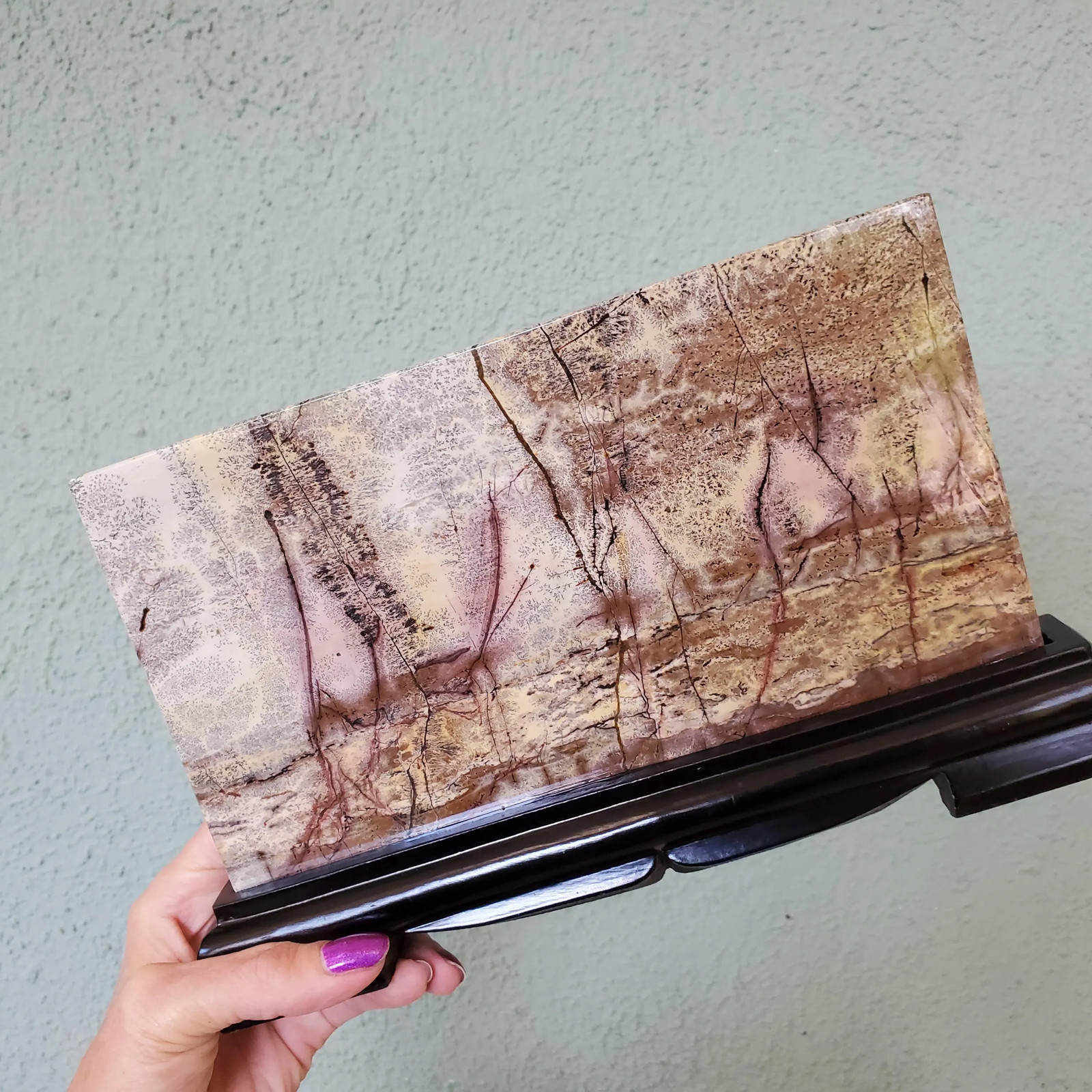 Picture Jasper Dendritic Display Crystal Statement Slab with Wood Stand 874 gram
