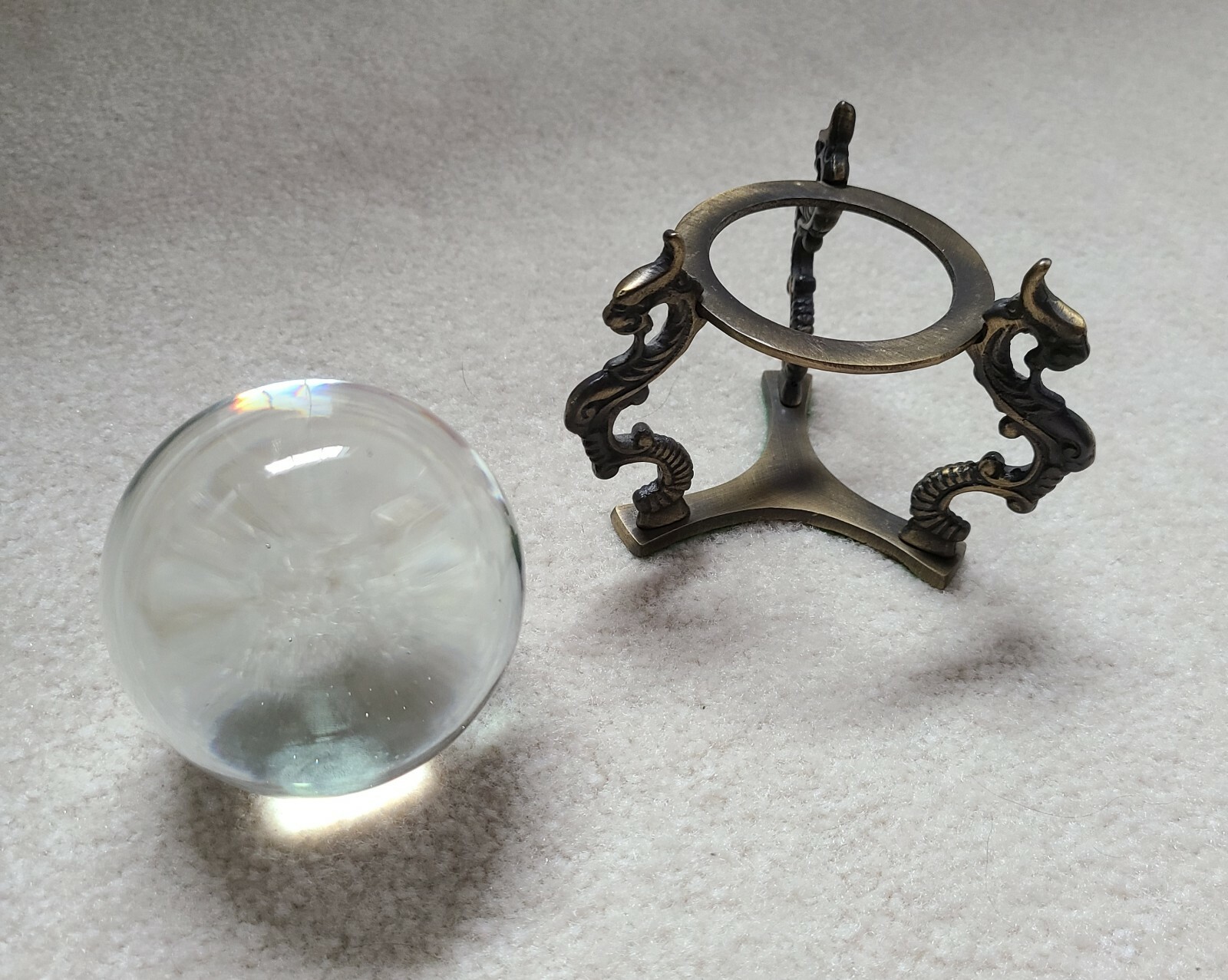 Clear Crystal on Brass Dragon Stand No Chips Not Round has Flat Bottom 3″