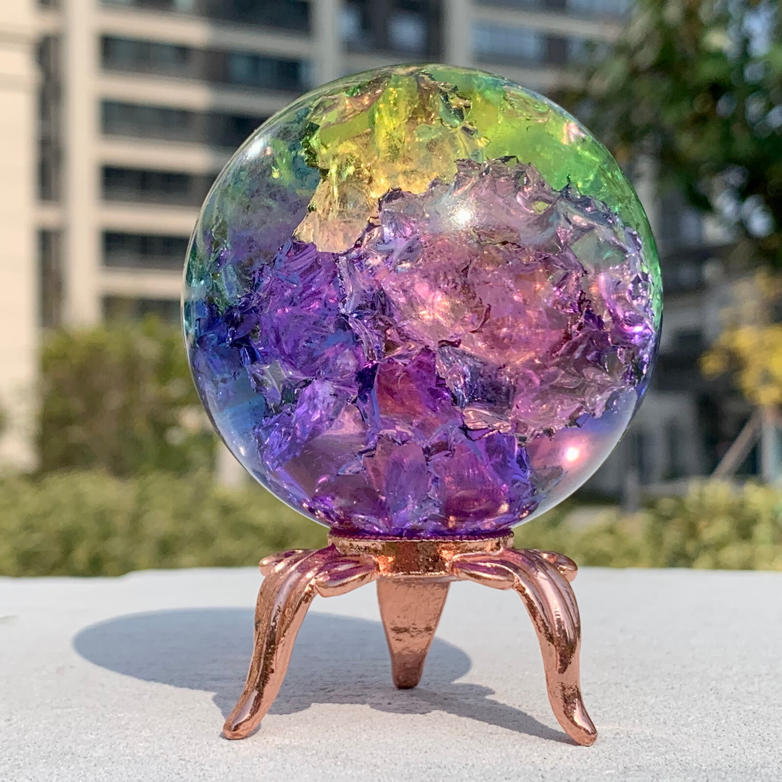 279G Natural Titanium Rainbow Quartz sphere Crystal ball Healing+stand
