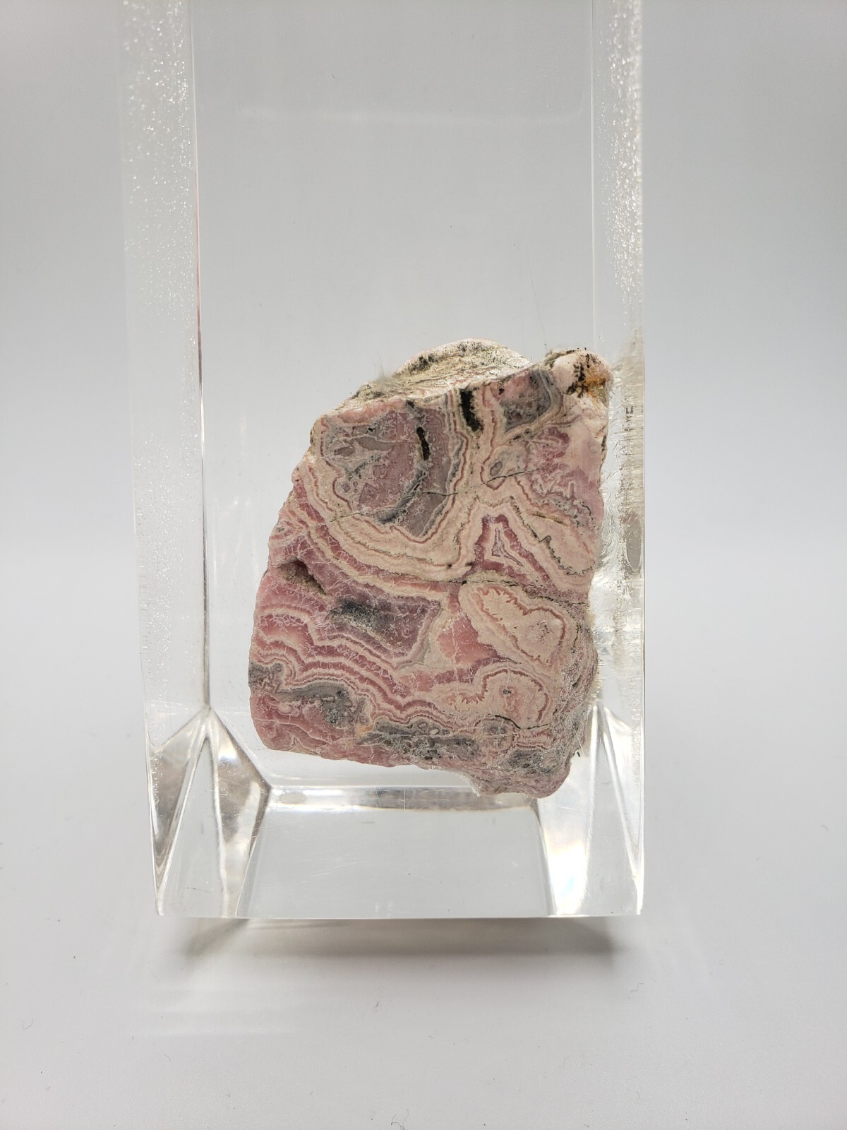 Rhodochrosite Stalactite Inca Rose Pink Mineral Specimen In a Lucite Sculpture