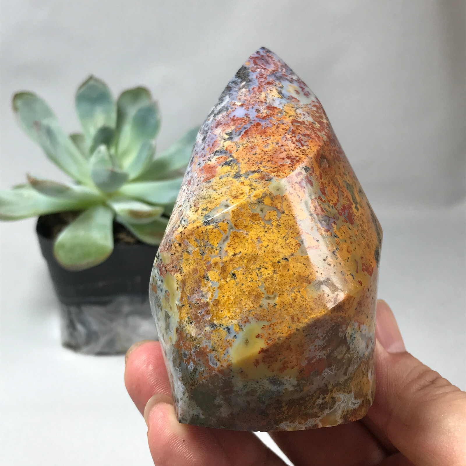 Natural Ocean Jasper torch Hand carve polish Crystal free standing 386g g6622