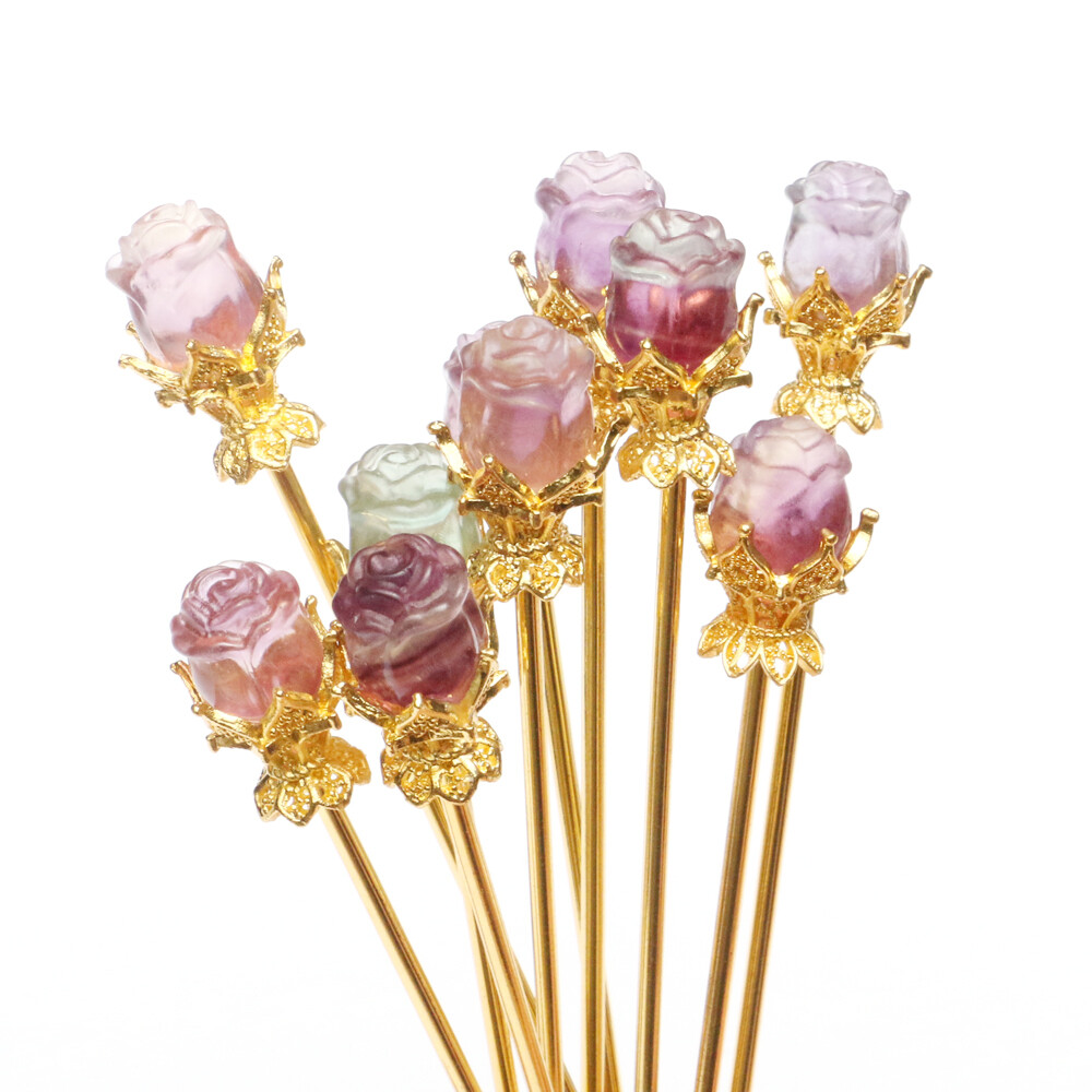 Natural Fluorite Flower Fruits Crystal Quartz Carved Hairpin Gifts Reiki Healing