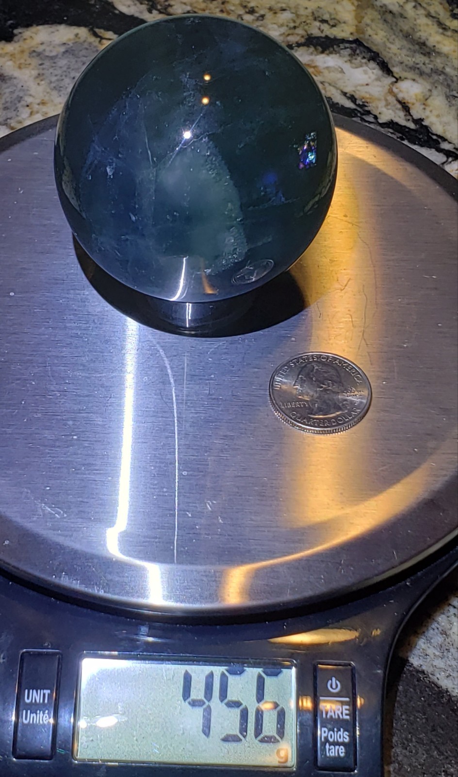 2.5″ Deep Blue Fluorite Quartz Crystal Sphere Ball Orb Rainbow UV, 456g or 1 lb