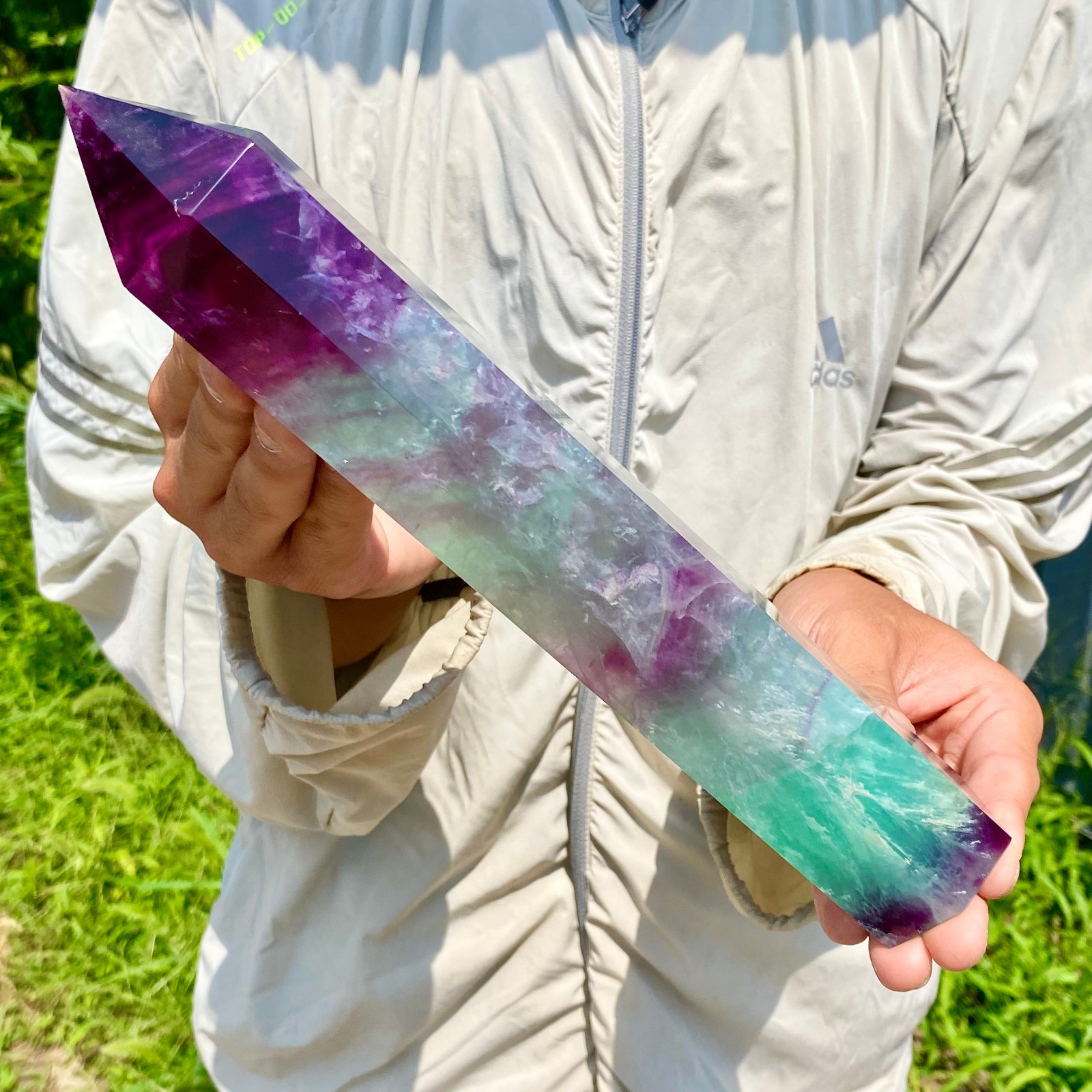 2.62LB Natural Rainbow Fluorite Obelisk Quartz Crystal Wand Tower Point Healing