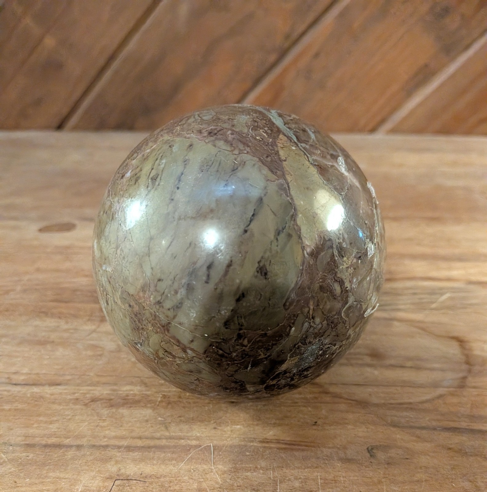 Vintage Polished Marble Stone Sphere Carpet Ball Gray and Brown Tan 3″
