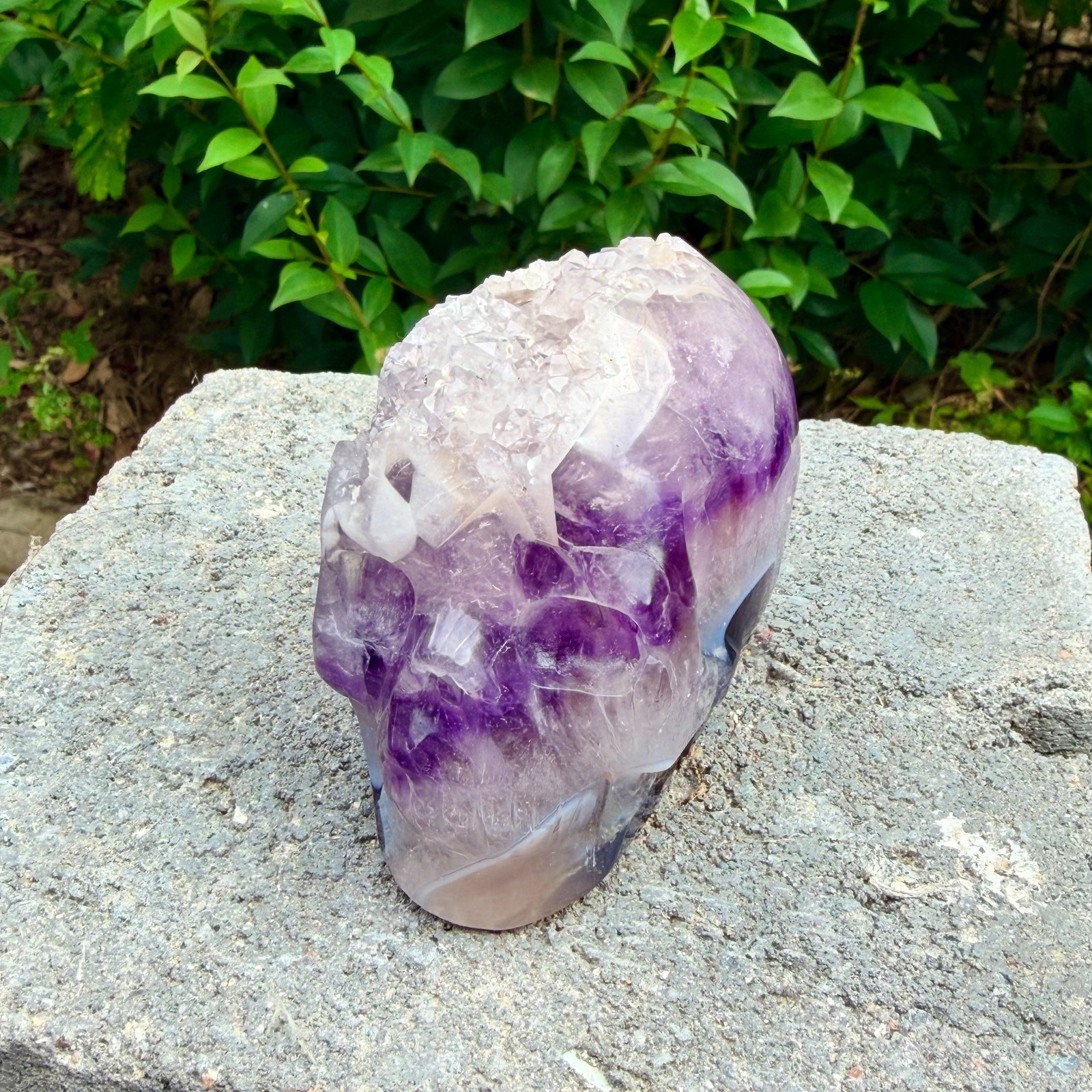 493g Amethyst agate crystal cave skull, Rare hand carved skull specimen