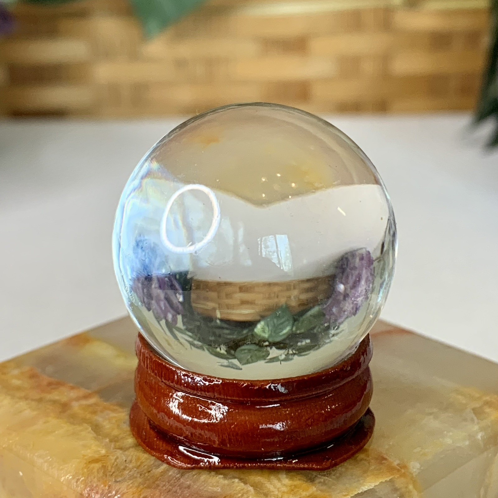 Clear Crystal Ball Quartz Glass Sphere Orb With Wood Display Stand Base New 1.3″