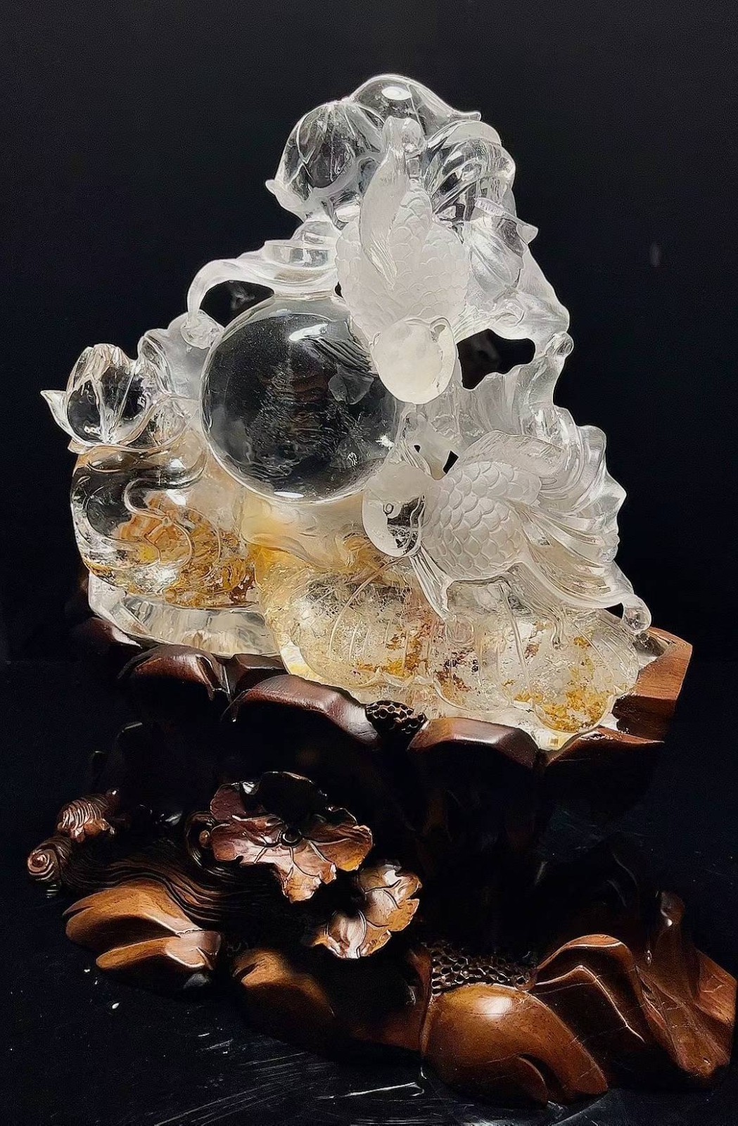 12.2LB Natural crystal fire quartz Carved fish Reiki energy Decor+Stand