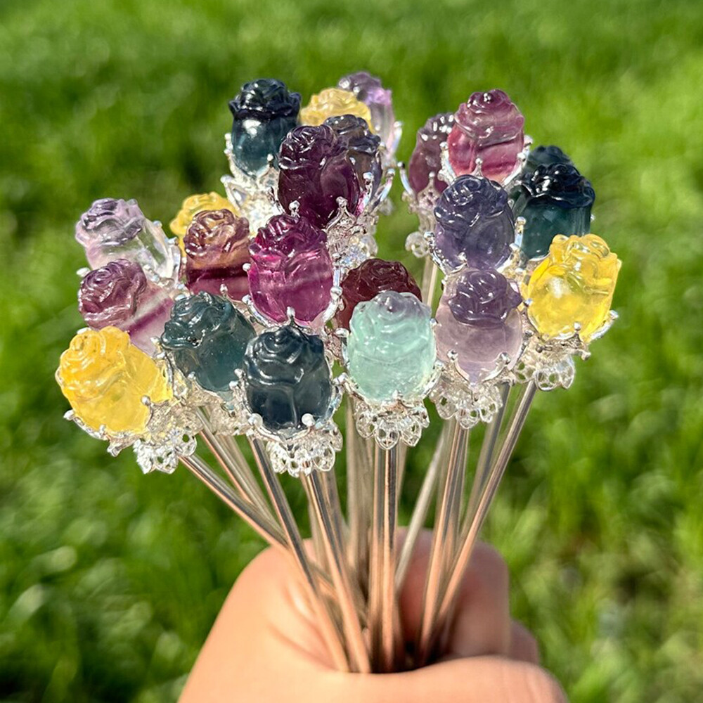 5pc Natural Fluorite Carved Rose Flower Hairpin Quartz Crystal Reiki Healing New