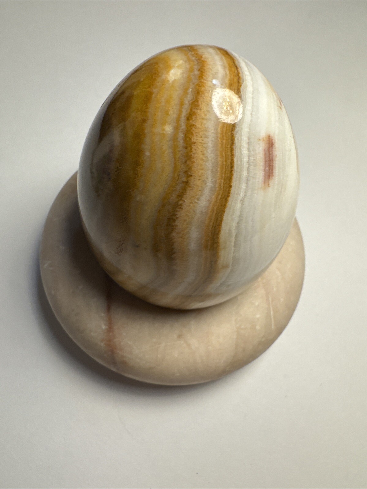 Vintage Beautiful Brown And White Tones Polished Onyx Egg With Marble Stand