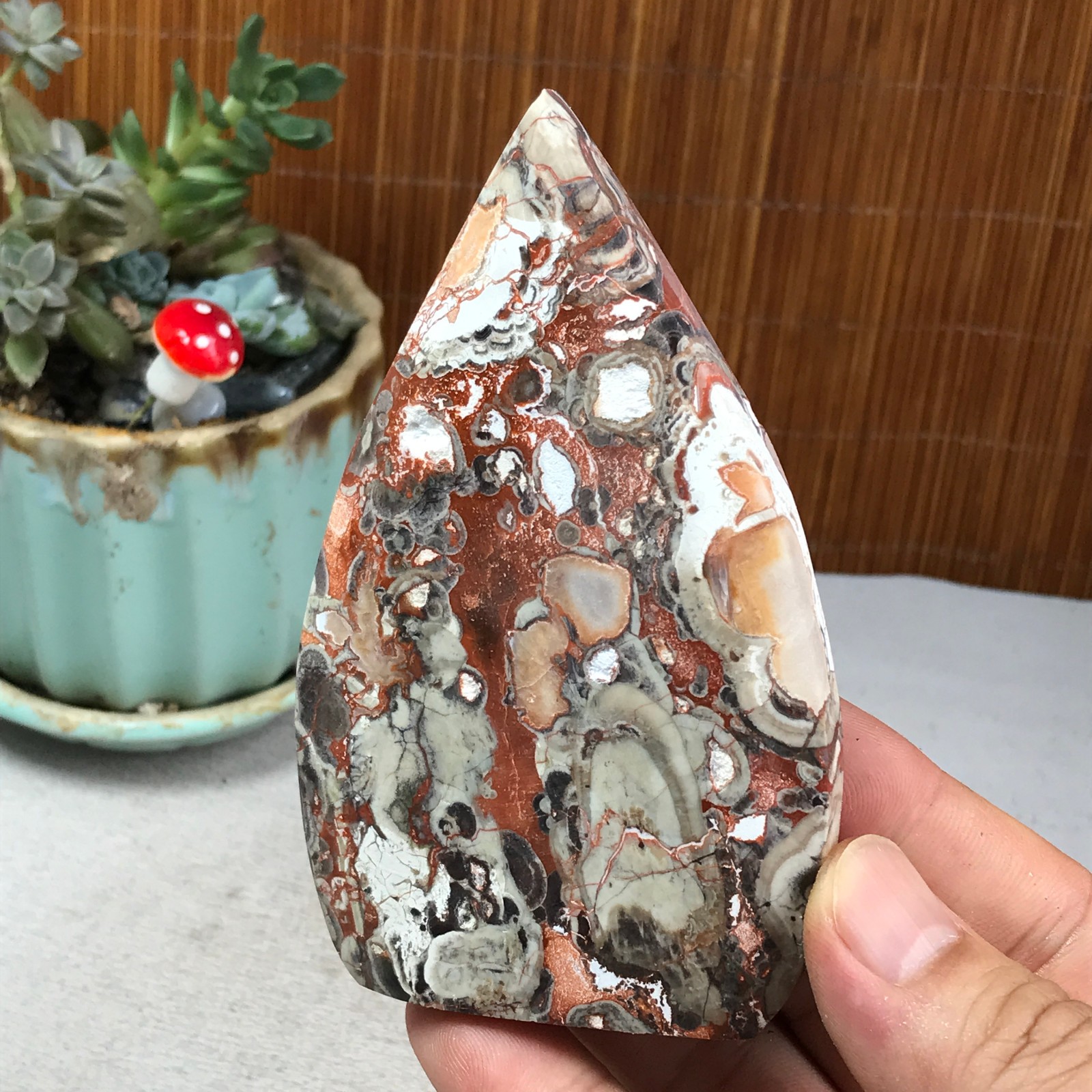 Natural money Mexico agate hand carve leaf Crystal Specimen free standing A6260