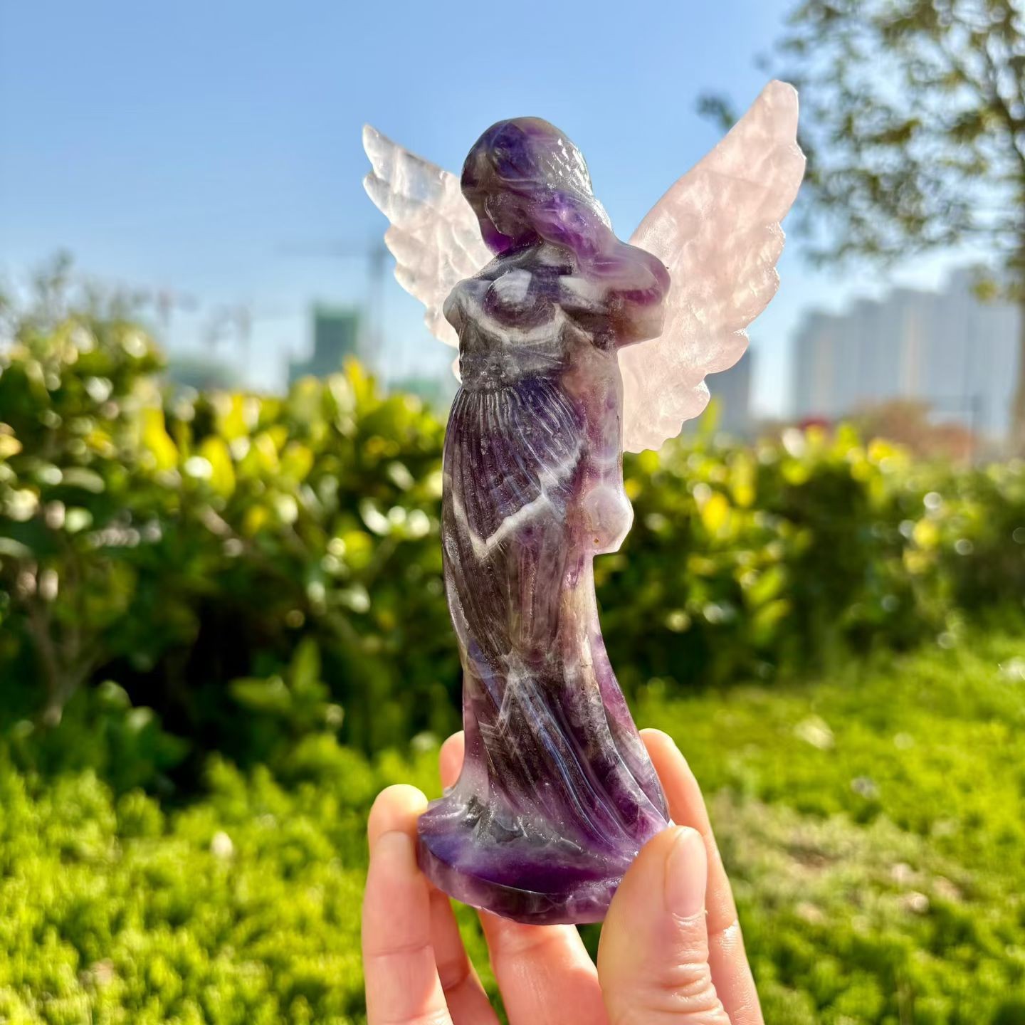 5.5″ natural Dream Amethyst Angel Skull Quartz Crystal Carved Reiki Healing