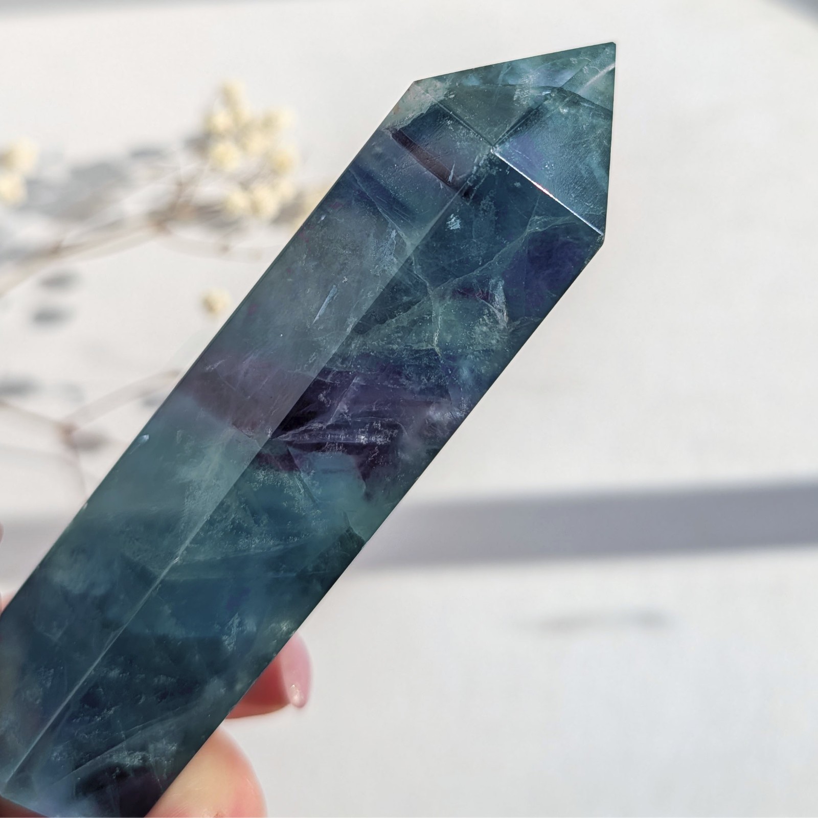 4″ rainbow fluorite tower, teal purple green blue fluorite crystal generator