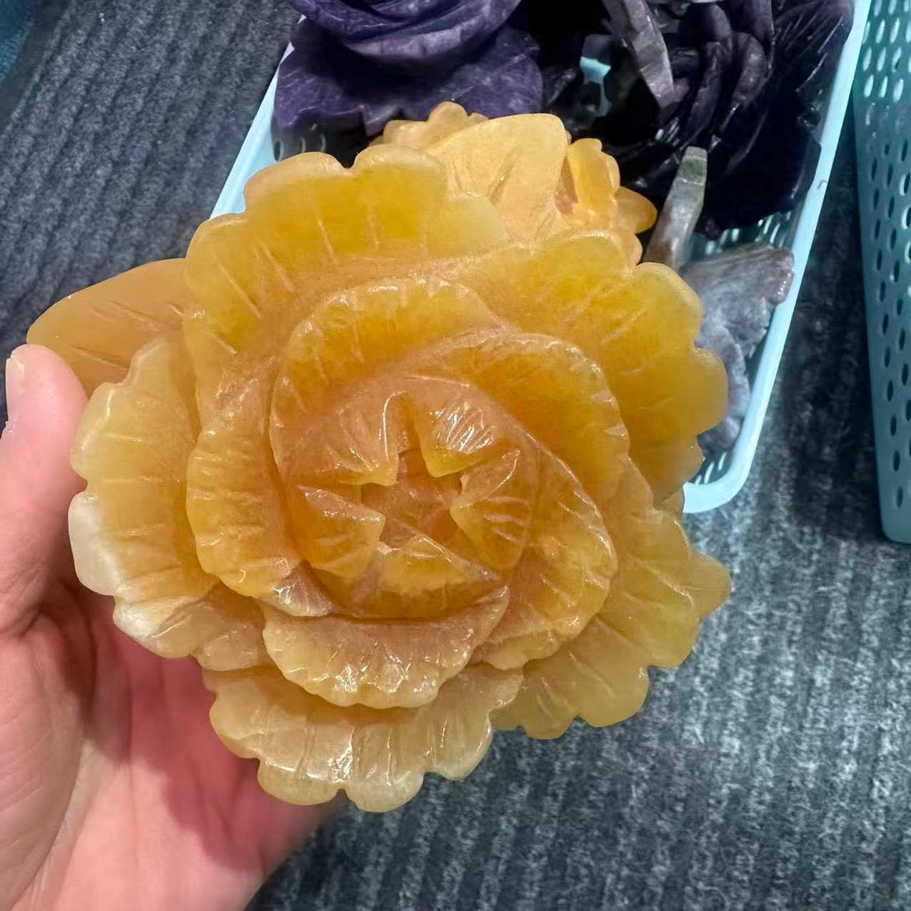 1pc Natural Yellow Calcite Quartz Carved Crystal Flower Skull Reiki Decor Gift
