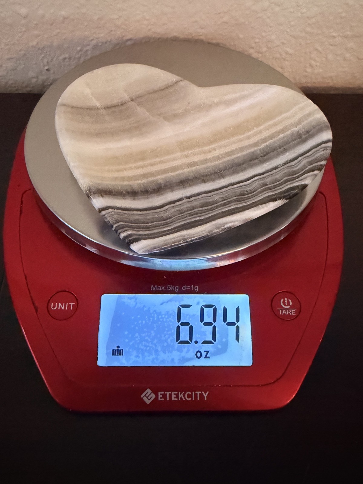 6.94oz Zebra Calcite Heart Bowl 4.5″ Banded Onyx Dish on Stand