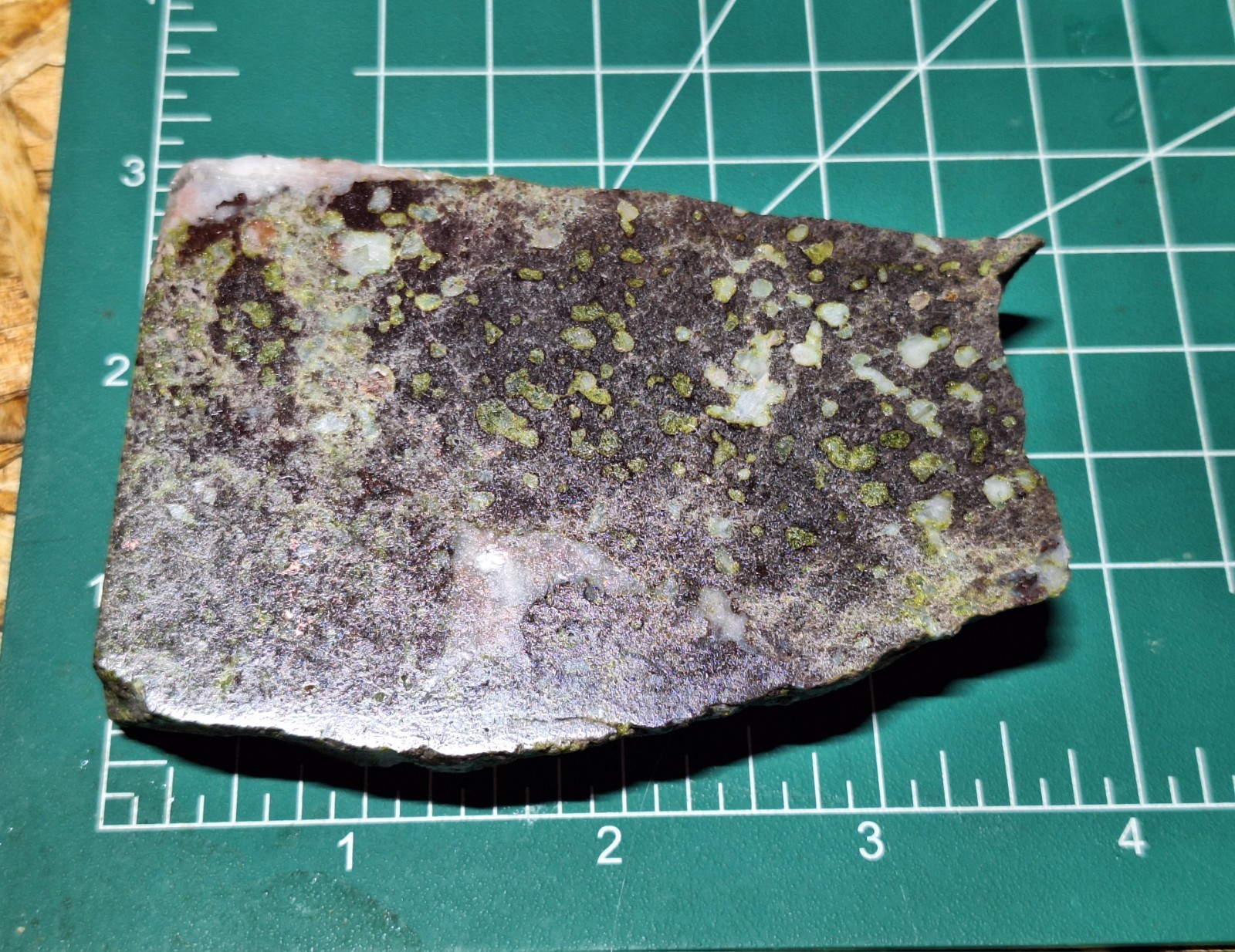Pretty Epidote Calcite Copper and Quartz Pockets In Basalt -Polished Stone Slab