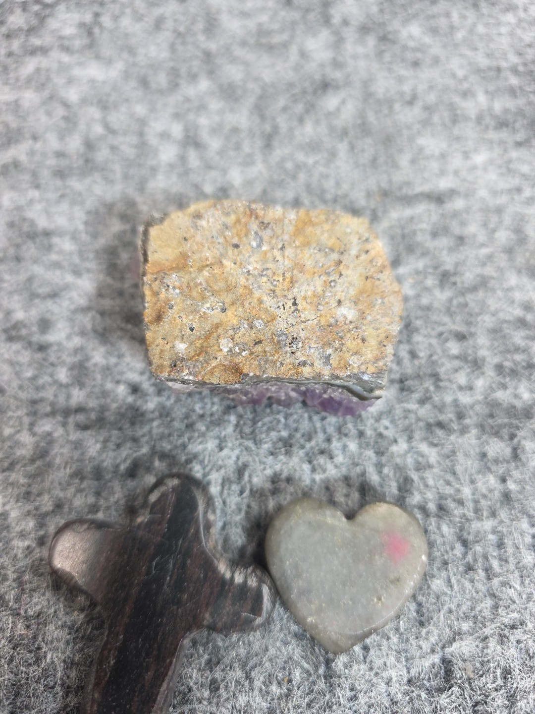 Amethyst Crystal Cluster Lot w Obsidian Cross & Gray Heart Carved Stones