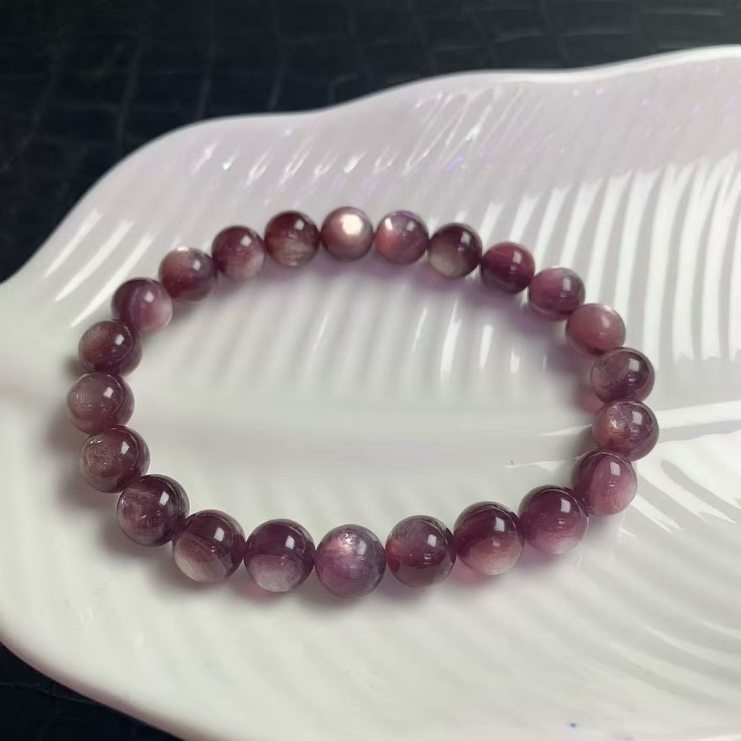 7-8mm Natural Purplelepidolite Crystal Round Cat’s Eye Beads Bracelet 1pc