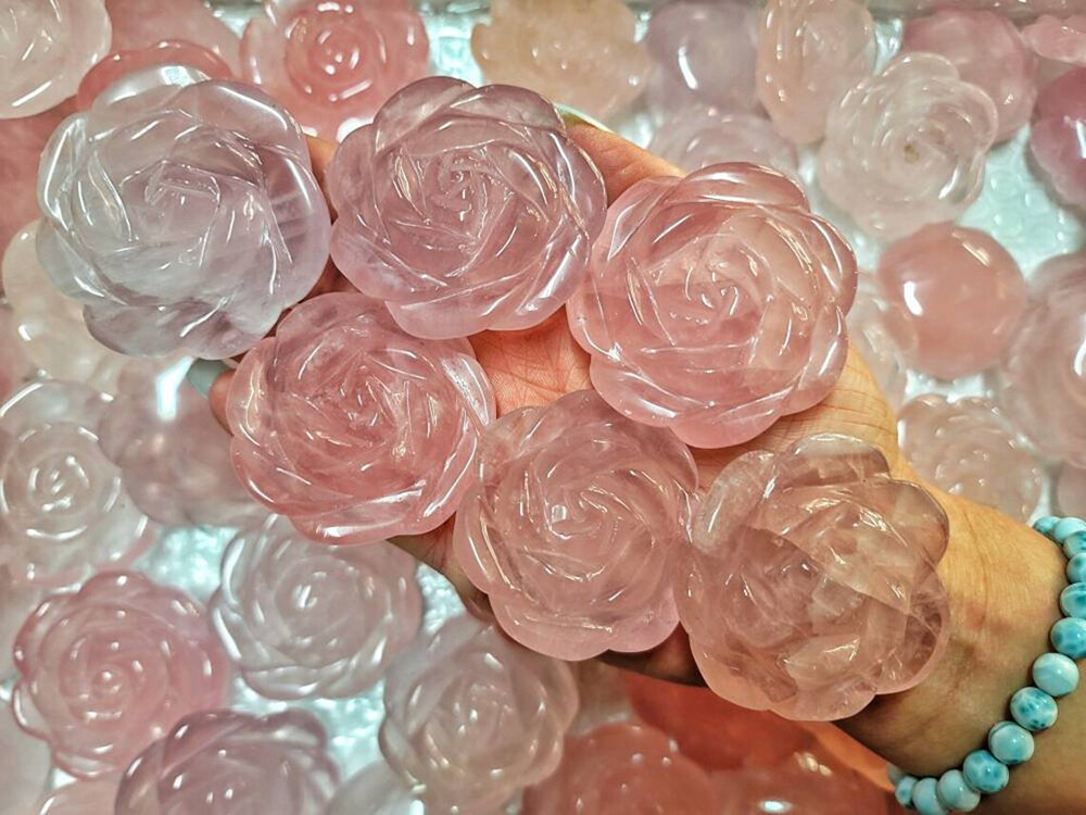 2″ Natural Rose Quartz Flower Rose Hand Carved Crystal Skull Reiki Healing