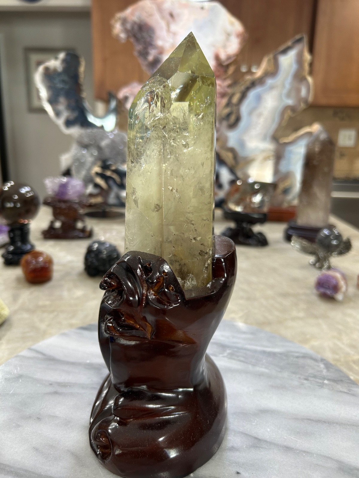 Citrine quartz crystal Freeform tower with custom wood stand
