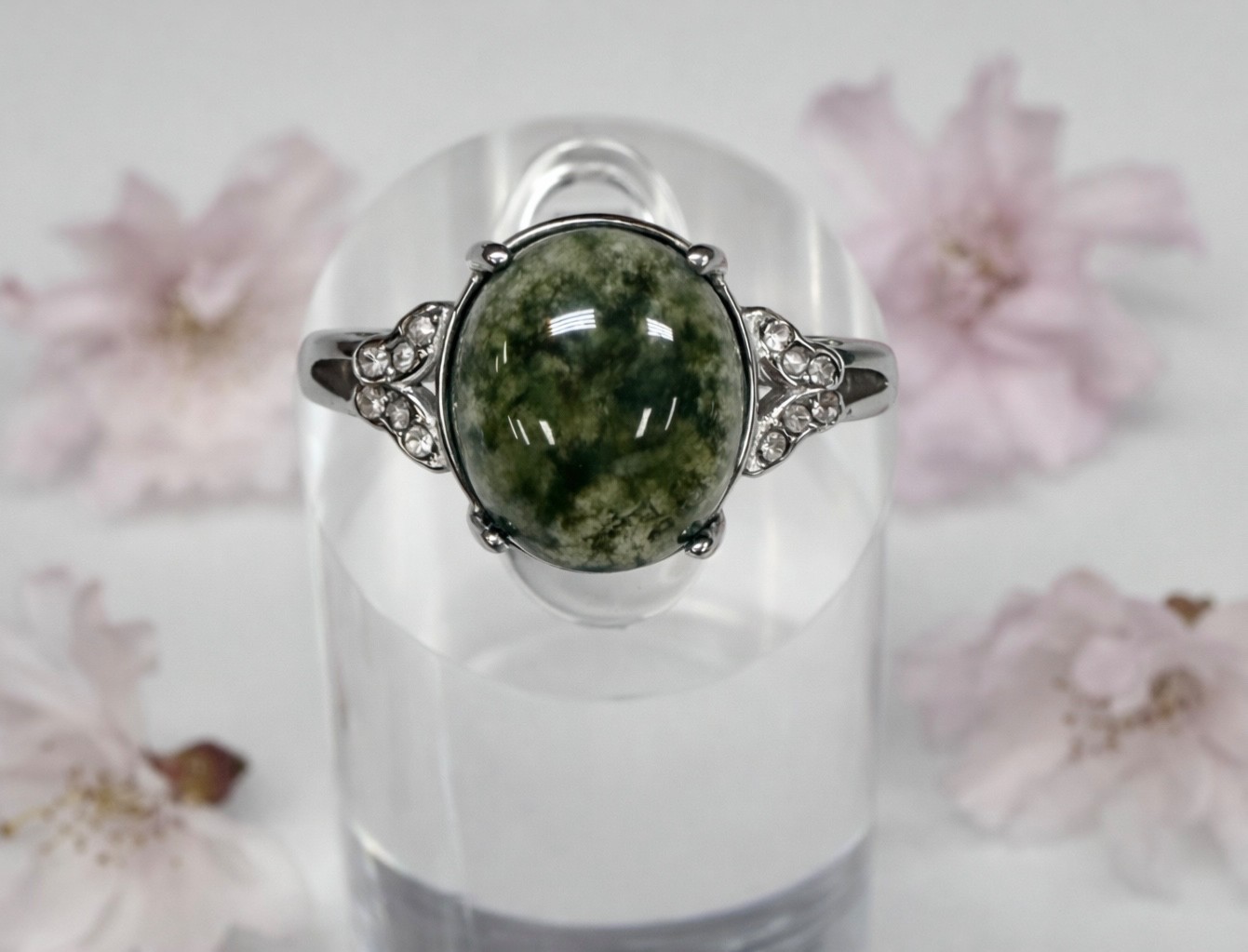 Wholesale 7 Pcs Natural Moss Agate Stainless Steel Rings(316) Crystal 10x12mm