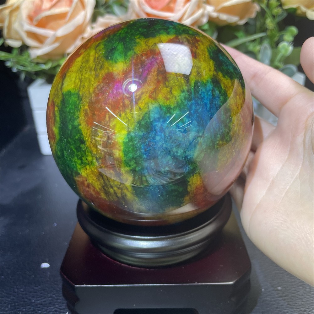 Random 1pc 3.8LB 3.8″Seven Color Stone Sphere Crystal Reiki Quartz Ball+Stand