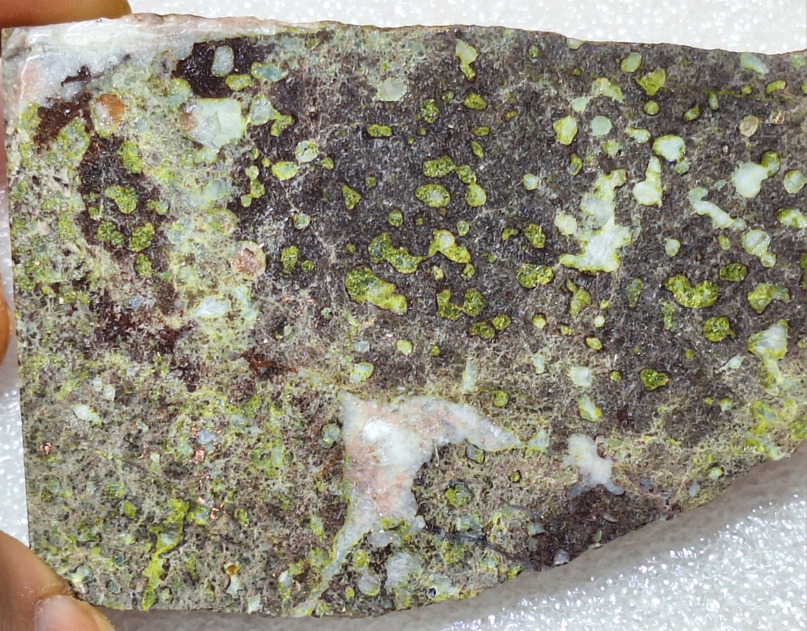 Pretty Epidote Calcite Copper and Quartz Pockets In Basalt -Polished Stone Slab
